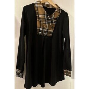 Unixseque Womens long sleeve Jacket lapel pullover tunic Sweater L Plaid button